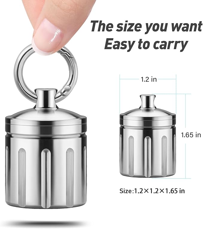 Waterproof Pill Organizer, Stainless Steel, Keychain, Portable Pill Container Single Chamber Box Outdoor Camping, Size: 1.2 x 1.2 x 1.65 inches