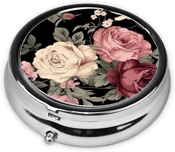 Vintage Pink and Cream Dark Floral Print Round Metal Pill Box with 3 Compartment for Pocket or Purse Travel Bag Mini Small Size 2 inche