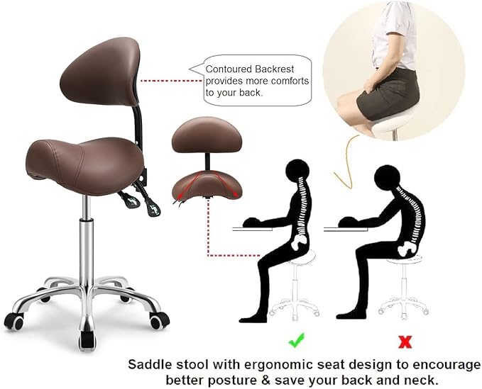 Kaleurrier Saddle Stool Rolling Swivel Height Adjustable with Wheels,Heavy Duty Anti-Fatigue Ergonomic Saddle Chair for Hair Beauty Salon Lab Dental Massage Office Home Kitchen (with Back, Coffee)