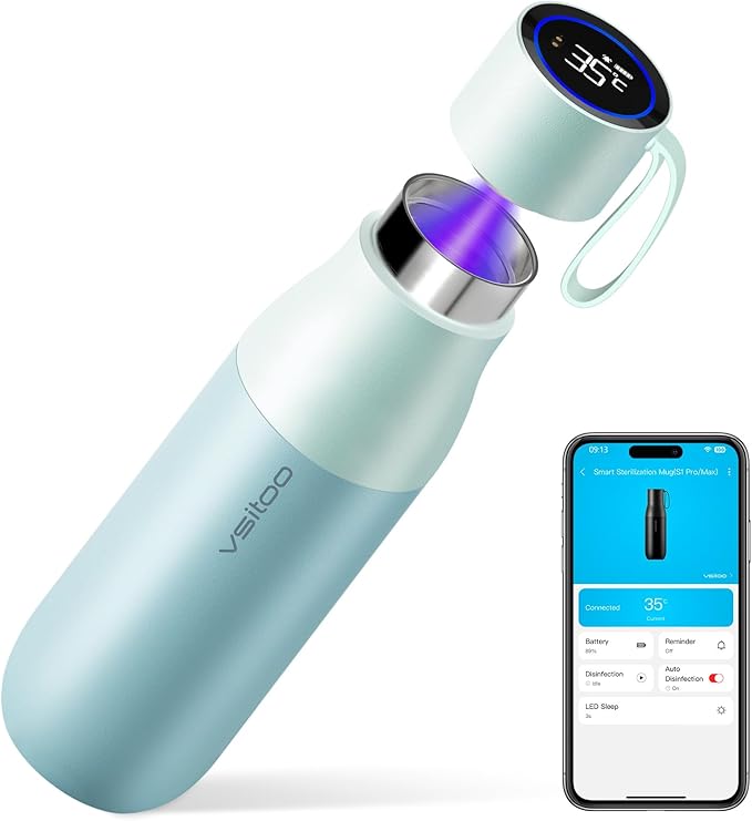 VSITOO 15oz Mini Smart Water Bottle，Self-Cleaning Insulated Bottle, Small Thermoses with AI, App & Touchscreen, Perfect Purse Water Bottle for Travel, Gym & Office, Blue