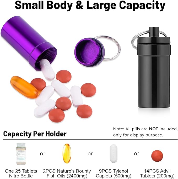 Keychain Pill Holder for Nitroglycerin, 2 Pack Mini Waterproof Portable Travel Purse Pocket Pill Case, Keychain Fob Container for 25ct Nitro/Nitroglycerin Bottle (Black + Purple)