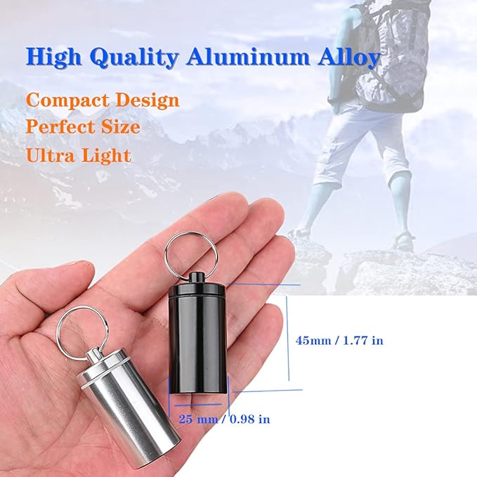 Portable Pill Holder Keychain,Aluminium Alloy Waterproof Pill Boxes Container for Purse Pocket,Small Daily Pill Case for Outdoor Travel Camping-Silver