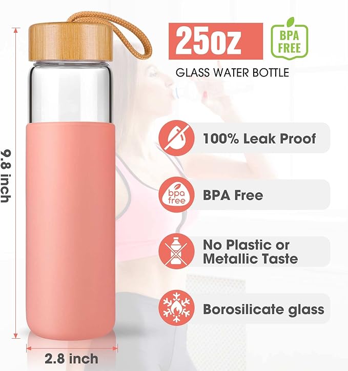 Borosilicate Glass Water Bottles with Silicone Sleeve BPA Free, Dishwasher Safe - Reusable Clear Glass Drinking with Leak Proof Bamboo Lid (Blooming Dahlia, 25 Ounces)
