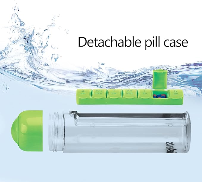 Synergy Water Bottle & Pill Organizer - Travel Storage Container for Water, Juice, Vitamins - Portable 7-Day Pillbox - for Outdoor, Gym, Travel - Easy Carry Strap - BPA Free Plastic - 400ml (Green)