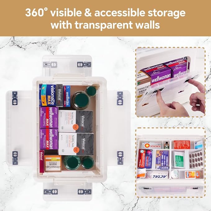 DOUKE 30qt Medicine Organizer Storage Box - Plastic First Aid Box Empty with Lid, Stackable Medical Container with Handle & Wheels, Sturdy BPA-Free Case with Tray for Medication & Supplies