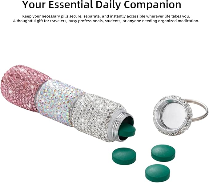 3 Compartment Small Pill Holder Keychain Bling Pill Container with Key Chain Travel Pill Organizer Medicine Box for Women (White+AB+Pink)