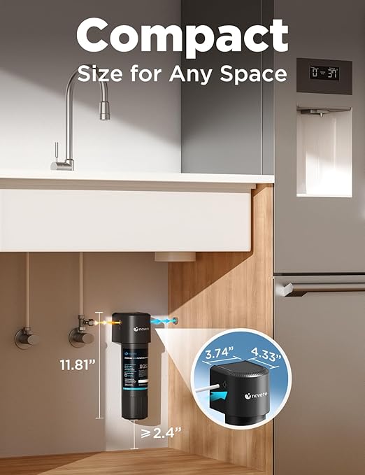 NOVETE Under Sink Water Filter, 1/4" Direct Connect, Update 3 Years, 30,000 Gallons, NSF/ANSI 42/372, Reduce Chlorine, PFAS, Bad Taste, Water Filtration System, USA Tech, UWF1A-RPC, Do Not Reduce TDS