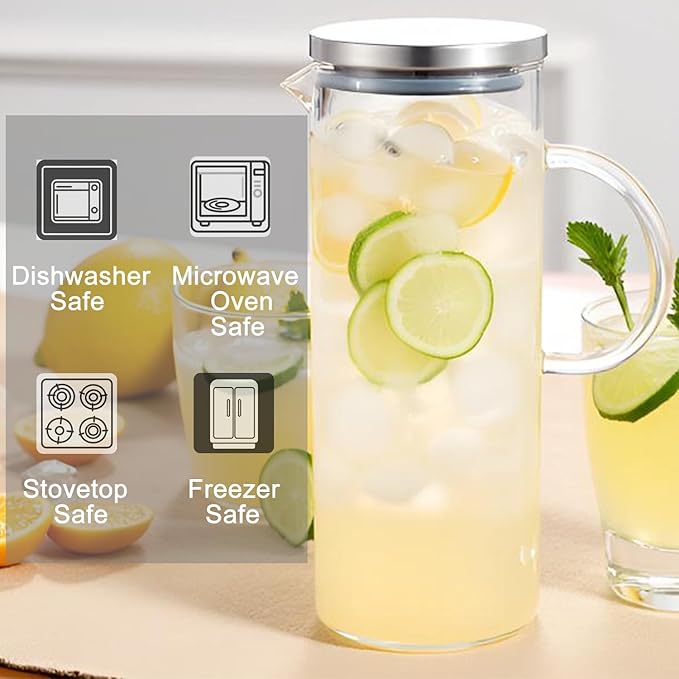 Karafu Pitcher, Glass Pitcher with Handle and Lid, 50 Oz Handmade Water Jug for Hot/Cold Water, Ice Lemon Tea and Juice Beverage