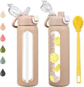 24 oz Glass Water Bottles with 2 Lids-Handle Spout Lid & Straw Lid, Motivational Water Bottle with Time Marker and Silicone Sleeve,Leakproof-Amber-1 Pack