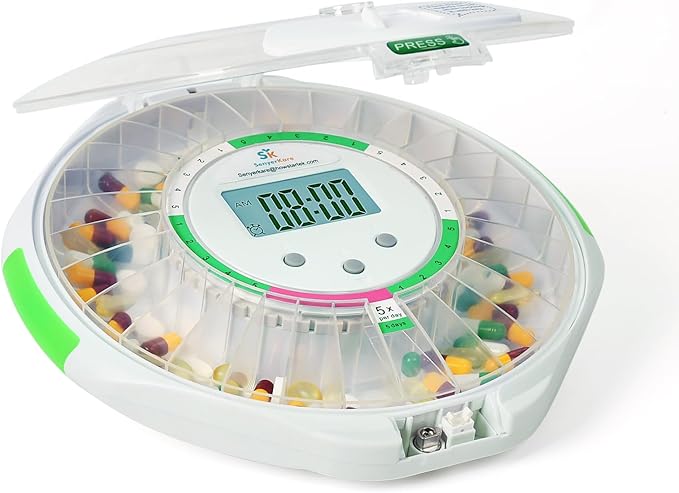 28-Day Automatic Pill Dispenser with Sound & Light Alerts for Elderly, up to 6 Alarms/Day, 6 Dosage Templates, Locked Frosted Lid Medication Dispenser for Protecting Pills Privacy