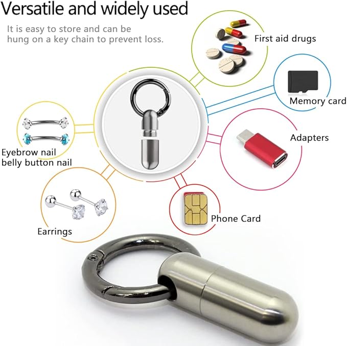 2PCS Micro Keychain Pill Holder, Portable Mini Size Titanium Alloy Pill Box Case, Waterproof & Lightweight Keychain Pill Container for Emergency Outdoor Travel Camping