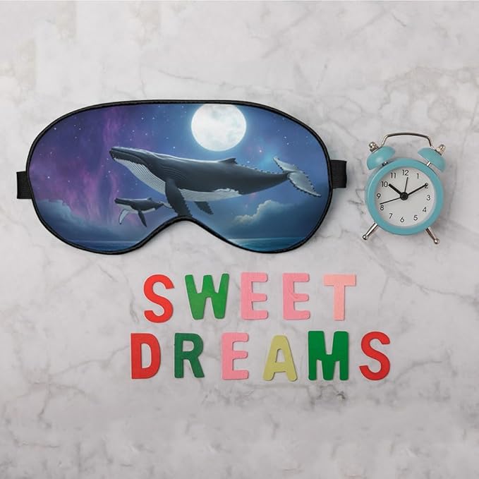 Flying Whale Sleep Eye Mask Eye Cover Fish Family Shimmering Sea Surface Starry Night Silk Eye Mask for Sleeping with Adjustable Strap for Travel Nap Shift Work Office