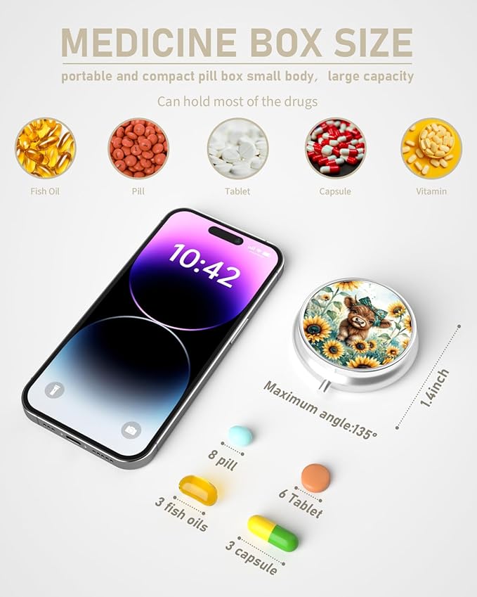 Pill Box, 3 Compartment Portable Travel Medicine Box with Mirror, Compact and Cute, Fits in Purse and Pocket, Medicine and Vitamin Organizer (Calf and Sunflower)