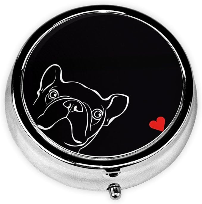 French Bulldog Dog Printed Round Travel Pill Box Cute Small Metal Pocket Pill Case for Men & Women 3 Compartment Portable Pill Organizer for Purse or Pocket