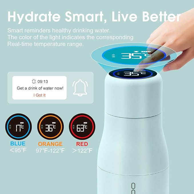 VSITOO 14.8oz Mini Smart Self-Cleaning Water Bottle，Small Insulated Stainless Steel Thermoses with AI Self-Clean, 30-Day Battery & Magnetic Charging for Travel, Gym, Office or Purse, Blue