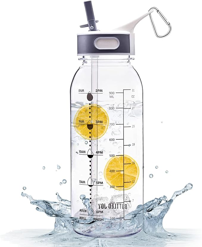 1L Clear Water Bottle, 32oz Motivational Water Bottle with Straw, Bottle Joy Sports Water Bottle with Time, Tritan Leakproof Markers-BPA-Free Jug, Buckle Drinking Bottles for School, Outdoor Gym