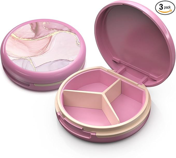 Serfeymi Small Pill Case for Purse, Unique Artistic Patterns Travel Pill Box with 3 Compartments, Portable Mini Pill Organizer for Pocket, Decorative Pill Container for Purse - Pink(Marble Bloom)
