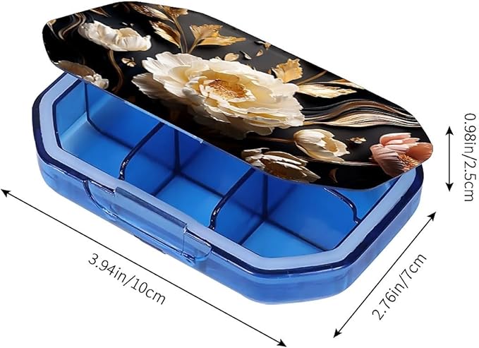 This Portable 3D White Peony Pattern 6 Compartment Pill Box Can Be Placed in A Pocket Or Wallet to Store Vitamins, Medicines Health Supplements Other Medications.