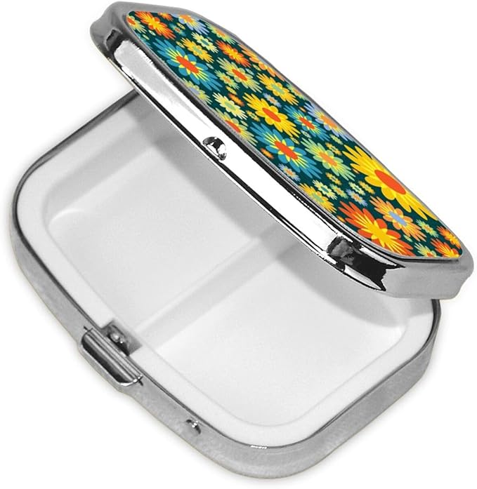 Abstract Hippie Flower Print Square Metal Pill Box with 2 Compartment for Pocket or Purse Travel Bag Small Size 2.2 inche