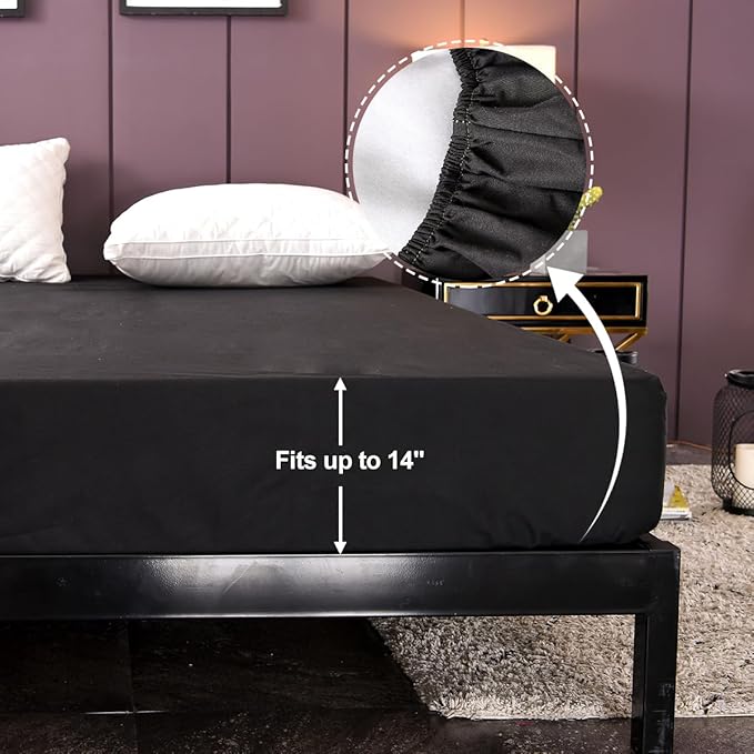 NTBED Waterproof Mattress Protector Cover King Size Deep Pocket Polyester Bed Mattress Pad Cover Solid Color Fitted Sheet (80” x 78” (Black, King)