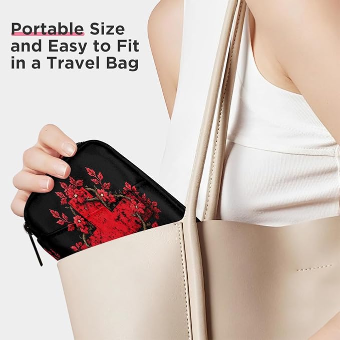 Jesus Red Flower Pill Case Everyday Travel, 7 Day Weekly Medicine Pill Box Compact Portable Pills Bottle Organizer with Zipper for Daily Vitamin Medicine Holder Bottle Organizers Bag
