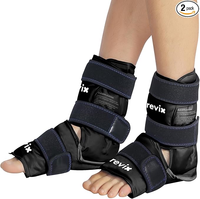 REVIX Ice Packs for Ankle Injuries Reusable, Ankle Ice Wrap with Cold Compression for Feet Pain Relief, Plantar Fasciitis and Achilles Tendonitis, Soft Plush Lining, 2 Packs, Black