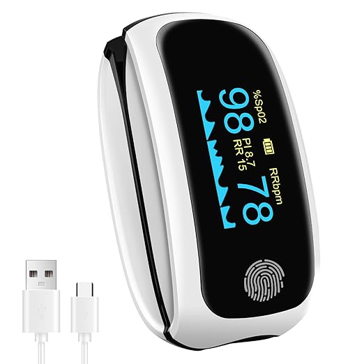 Rechargeable pulse oximeter with respiration, oximeter finger with Pulse Rate SpO2 PI PRR Fast SpO2 Reading Home Outdoor Athletic Sports White