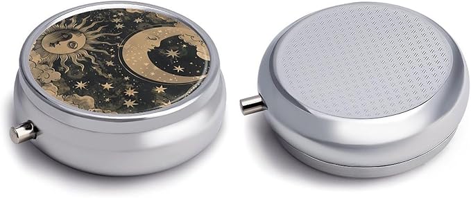 Pill Box-3 Compartment Small Pill Case, Portable Round Pill Box for Pocket or Purse, Decorative Metal Medicine Vitamin Organizer. (The Sun and The Moon)
