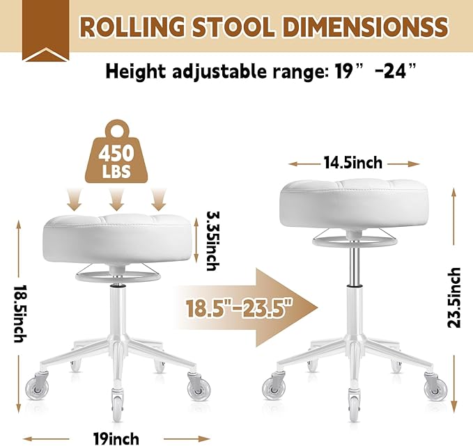 Gold Rolling Stool Heavy Duty - 360°Height Adjustable, Super Soft Thick Seat Cushion, Smooth Silent Rolling, Durable Rolling Stool Chair with Wheels for Salon Vanity Massage Medical, 450LBS (White 2)