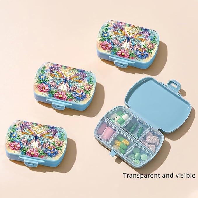 C'eitura DIY Butterfly Diamond Art Painting Blue Pill Organizer with 6 Lid Detachable Compartments, Fun DIY Craft Project for Adults, Elegant Pill Case for Purse & Travel