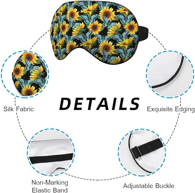 Silk Sunflower Butterfly Sleep Eye Mask, Blue, Adjustable Buckle, Soft Eye Shade Cover for Men Women Kids Travel