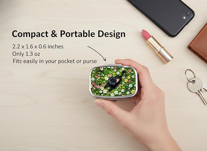 Garden Cat Pill Box 2 Compartment Small Pill Case,Portable for Pocket or Purse Pill Organizer Pill Container Holder with Mirror to Hold Vitamins, Medication, Fish Oil and Supplements