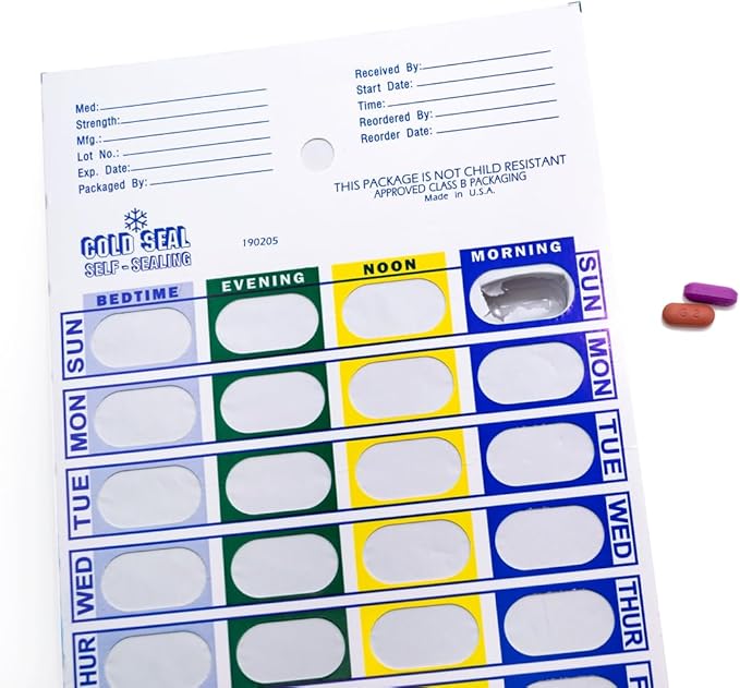 Medi-Aid 4 Times a Day Weekly Cold Seal Medication Blister Pack System Cards - One Piece Unit Dose Book Fold, Easy No Extra Equipment Needed, Just Fill and Seal, 24 Compartments, 6 Pack
