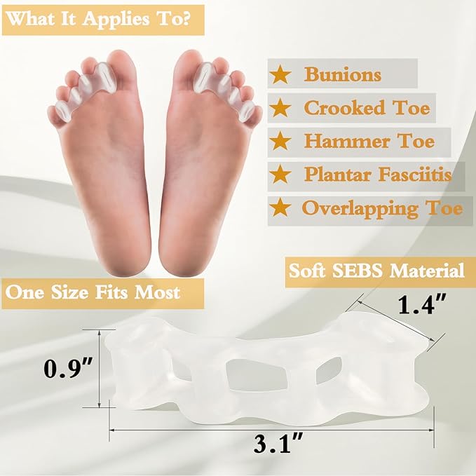 SEBS Toe Separators for Bunions & Overlapping Toes - Soft Gel Toe Spacers for Yoga, Running Recovery & High Heel Relief - Hypoallergenic & Washable Foot Care (2 Pairs)
