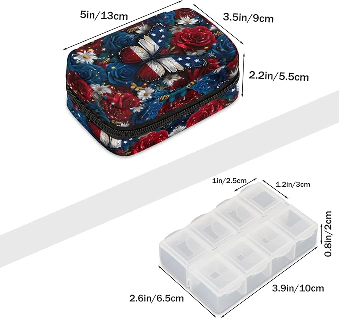 Flowers Butterflies American Flag Pill Case Everyday Travel, 7 Day Weekly Medicine Pill Box Compact Portable Pills Bottle Organizer with Zipper for Daily Vitamin Medicine Holder Bottle Organizers Bag