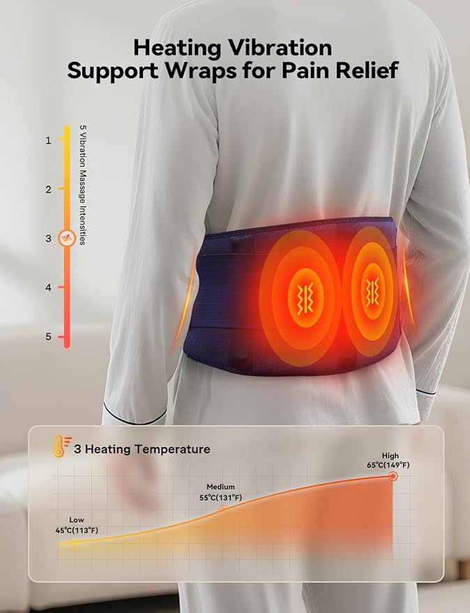 Heating Pad with Massager for Back Pain Relief, 47-60" Electric Lower Back Massager Wearable Heating Pad for Cramps with 3 Heat&Timer, 5 Vibration Back Brace Birthday Valentine's Gift for Men Women