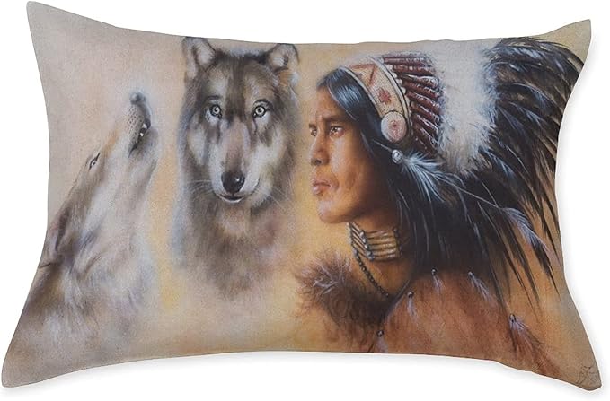 Decorative Fitted Sheet Set Full Size, Tribal American Deep Pockets Fitted Sheet & 2 Pillow Sham Set, Blur Mystic Painting Young Tribal Man Feather with Wolves Printed Microfiber Bedding 3pc Set