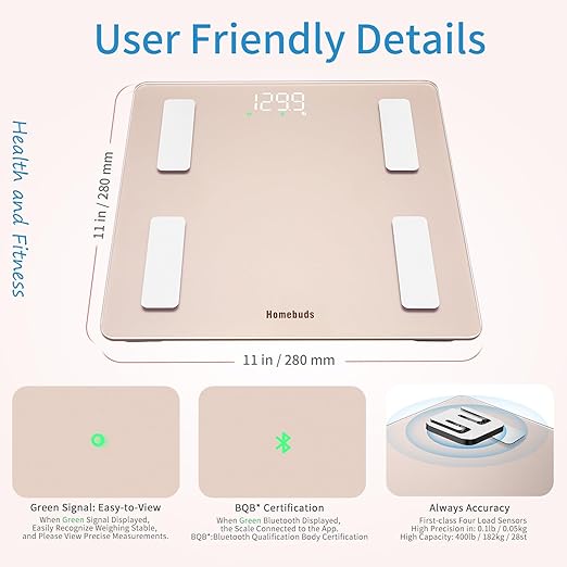 Homebuds Smart Bathroom Scale for Body Weight, High Precision Assured by Weight Scale Professional Factory Since 2001, App Sync 13 Body Composition with BMI and Body Fat, 400lb in 0.1lb, Rose Gold