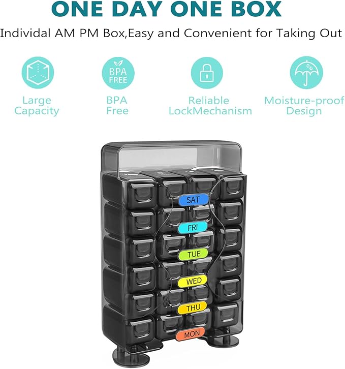 Weekly Pill Organizer 7 Day 4 Times a Day， Large Pill Box Organizer with Drawer Designed， Daily Pill Organizer to Hold Medicine, Medication, Vitamins and Fish Oils (Black)