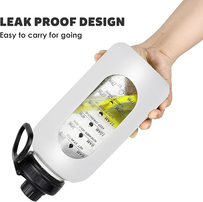 40oz Glass Water Bottle with Handle Lid Time Marker Motivational Sport Water Jug with Silicone Sleeve Water Flask Canteen Wide Mouth Water Bottle for Gym Workout Travel Office Home Everyday Hydration