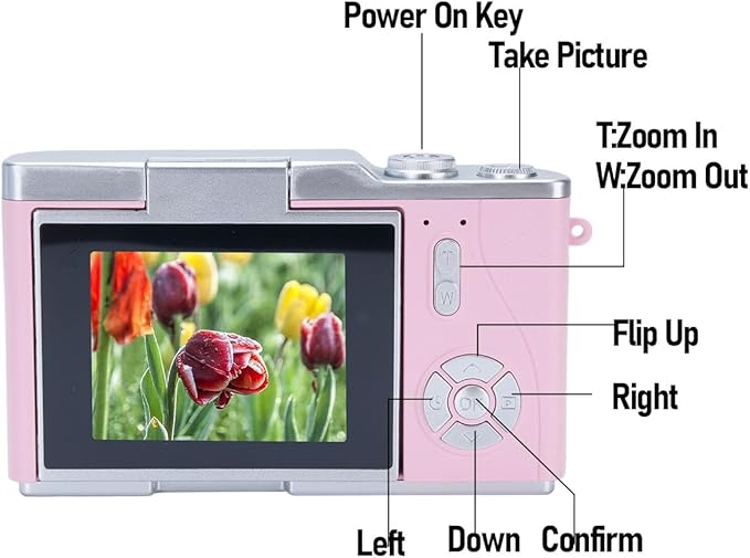 48MP Digital Camera, 1080P Video Camera, 8X Zoom, 2.4 Inch HD Flip Screen, LED Fill Light, Long Battery Life, with Multiple Functions for Entertaining Photography (Rose)