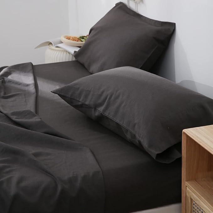 Simple&Opulence Belgian Linen Sheet Set Solid Color - 3 Pieces (1 Flat Sheet, 1 Fitted Sheet & 1 Pillowcase) Natural Flax Cotton Blend Soft Breathable Farmhouse Bedding - Twin Size, Dark Grey