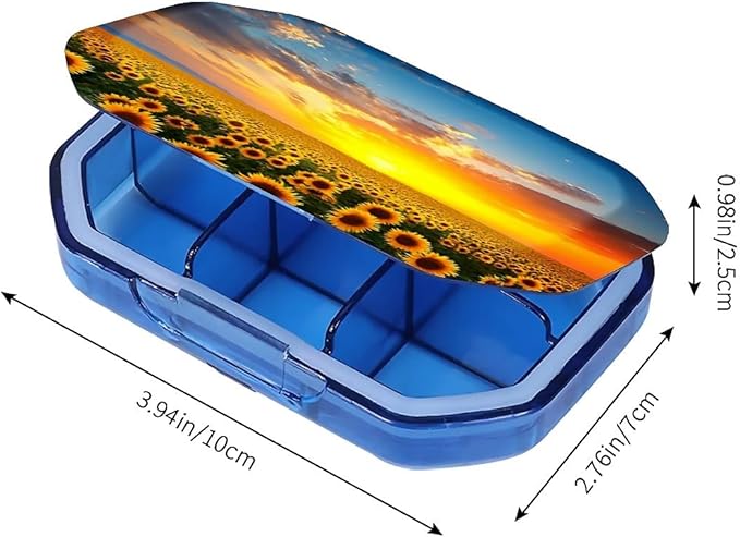 This Portable Sunflowers at Sunset Pattern 6-Compartment Pillbox Can Be Placed in A Pocket Or Wallet to Store Vitamins, Medicines Fish Oil Health Supplements Other Medications.