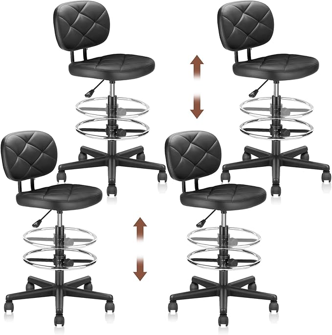 Leather Drafting Stool Chair with Ergonomic Backrest & Footrest, Padded Seat Adjustable Height 360° Swivel Rolling Stools, Tall Office Chair for Standing Desk, Shop, Drawing, Black, 4 Pack