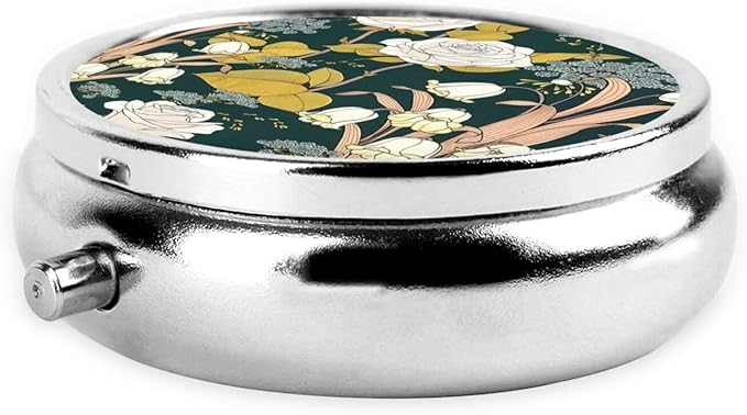 Metal Silver 3 Compartment Pill Box Pocket Portable Mini Travel Pill Case Small Round Decorative Medicine Box Vitamin Pill Organizer with Flower