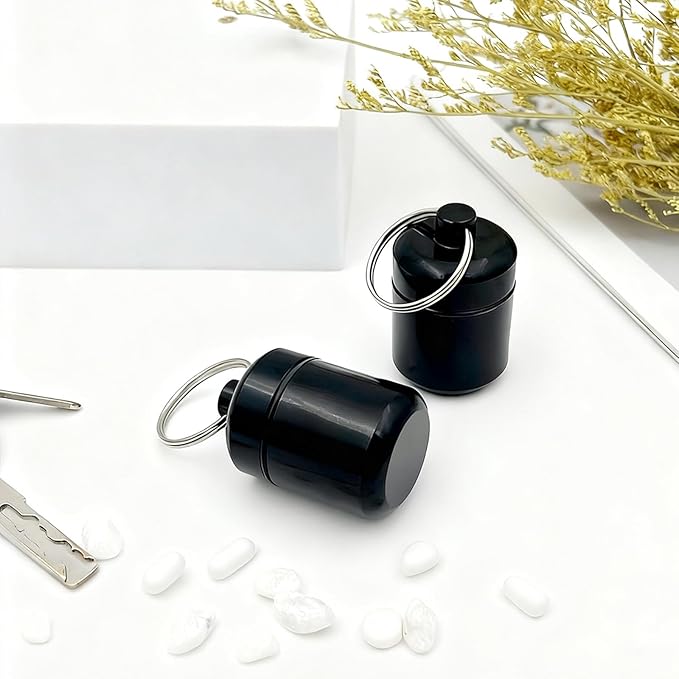 2-Pack Aluminum Pill Holder Keychain, Waterproof Mini Pill Box with Key Ring for Travel, Purse & Backpack