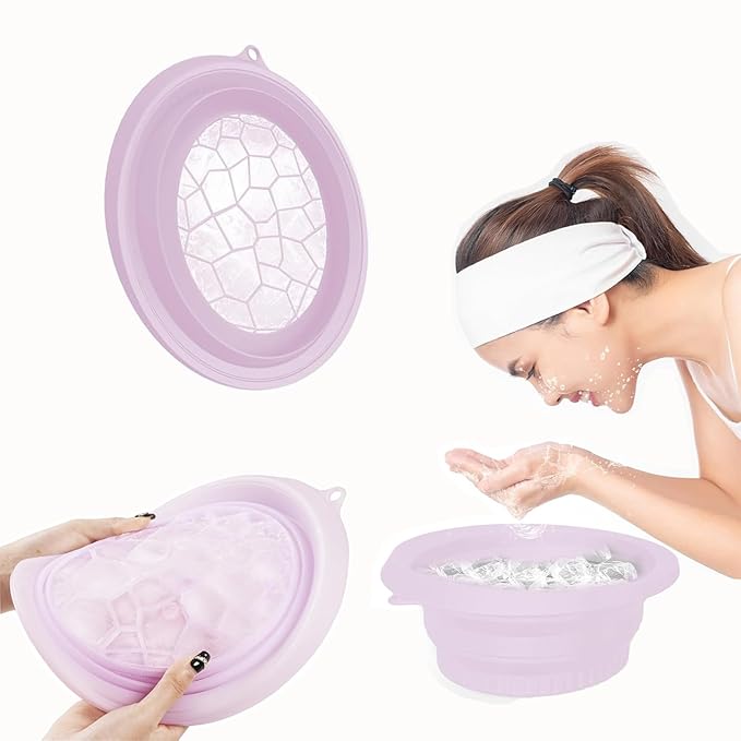 Face Ice Bath Bowl Mold With Built-In Icetray, Portable Foldable Silicone Dipping Water Facial Cold Immersion Therapy Plunge Ice Bowl for Face Ice Bath Holder for Home And Travel (Purple)