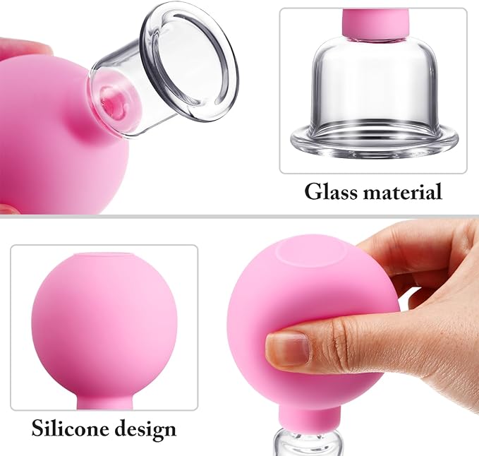 Nuanchu 2 Pieces Glass Face Cupping Set, Facial Cupping Cups Glass Silicone Cups Vacuum Suction for Face Skin Back Shoulder Muscle(1 Inch and 0.65 Inch Diameter,Pink)