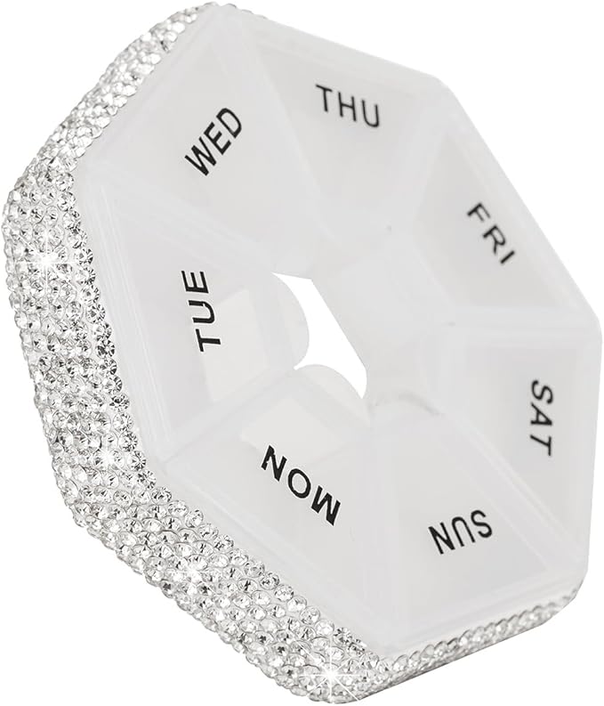 Round Pill Organizer Small Weekly Pill Case for Purse Bling Cute Medicine Pill Box Compact Vitamin Container 7 Day Daily Pill Holder Planner(White)