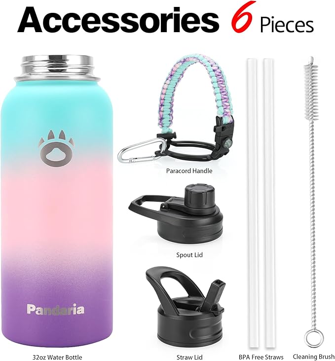 Insulated Water Bottle 32oz, Stainless Steel Water Bottle with Straw & Spout Lids & Paracord Handle | with Straw, Spout Lids, Paracord Handle